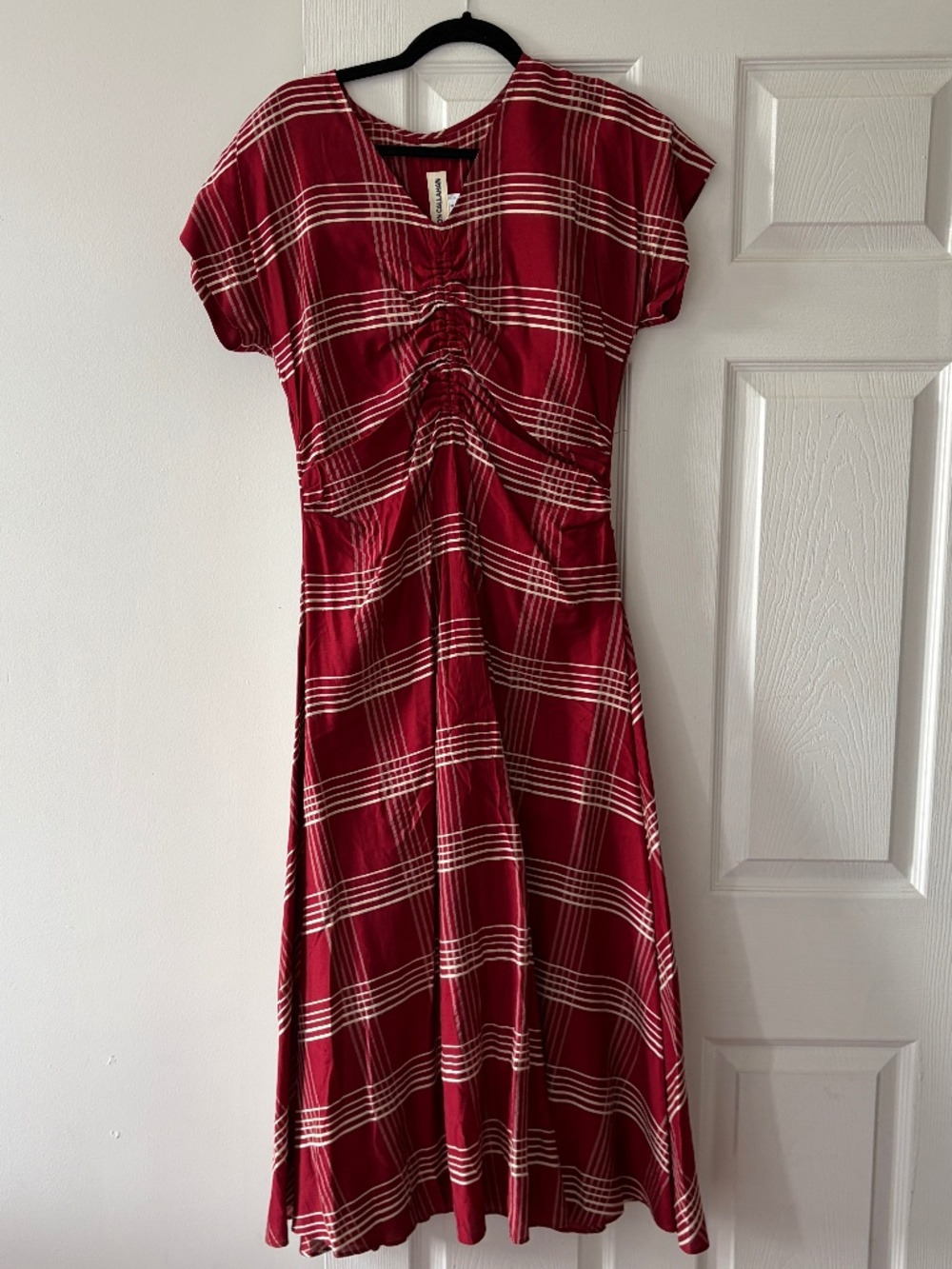 Caron Callahan Burgundy & White Plaid Midi Dress